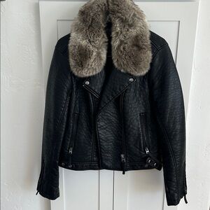 Top Shop Women's Black Faux Leather Jacket with Faux Fur Collar